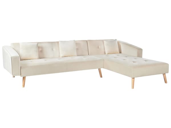 Hjørnesofa med 3 Puter Beige Fløyel Polstring Lyse Treben Liggende Venstre Chaise Longue 4 Seter