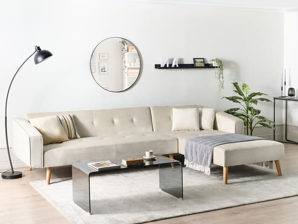 Hjørnesofa med 3 Puter Beige Fløyel Polstring Lyse Treben Liggende Venstre Chaise Longue 4 Seter