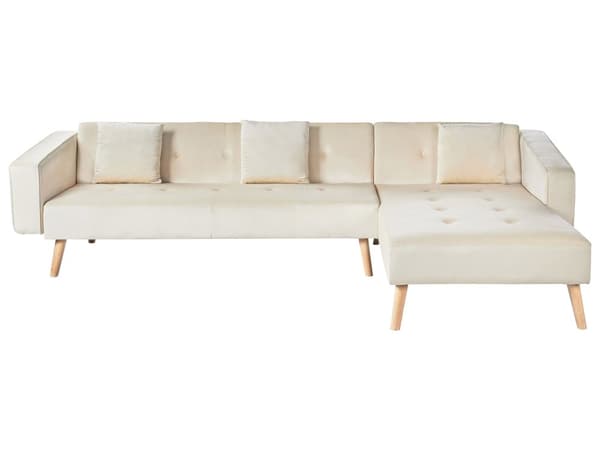 Hjørnesofa med 3 Puter Beige Fløyel Polstring Lyse Treben Liggende Venstre Chaise Longue 4 Seter