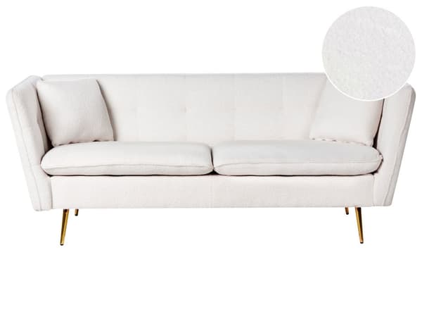 3-seters Sofa Hvit Boucle Stofftrekk Knapptuftede med Ben i Gull