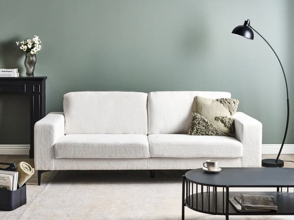 Sofa Hvid Boucle Guld Metalben 3 Personers Klassisk Stofsofa Skrånende Armlæn Tuftet Plys Designsofa til Stue Moderne Siddemøbel