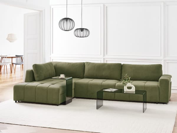 Sovesofa med Chaiselong Grøn 4 Personers Sofa L Formet Dyb Sofaseng Siddemøbel Blød Stofsofa Design Hjørnesovesofa med Opbevaring