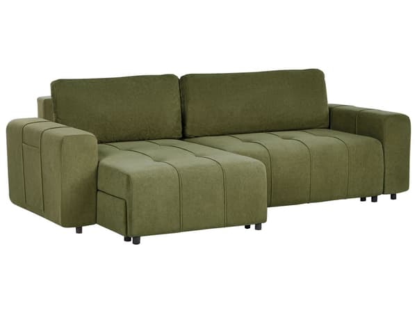 Sovesofa med Chaiselong Grøn 3 Personers Sofa L Formet Dyb Sofaseng Siddemøbel Blød Stofsofa Design Hjørnesovesofa med Opbevaring