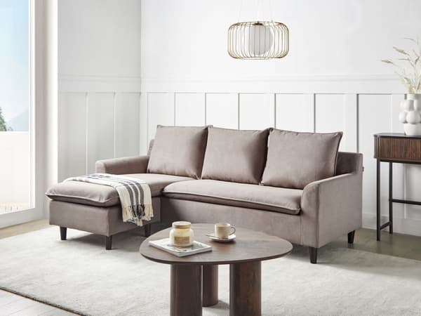 Hjørnesofa Taupe Stoff 3-seter L-form Høyrevendt Ben i mørkt gummitre Sjeselong Ryggputer Klassisk stil Stue