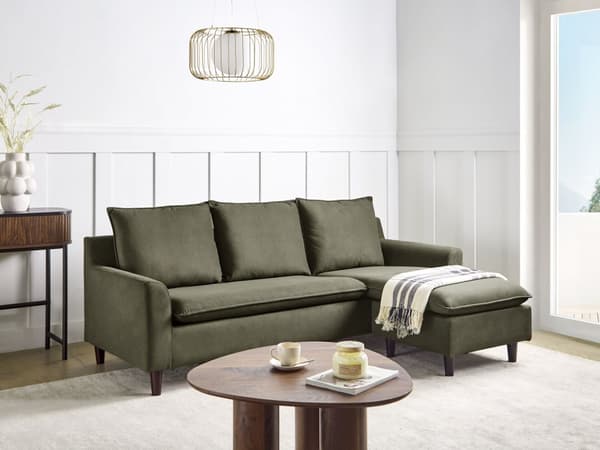 Hjørnesofa Mørkegrønn Stoff 3-seter L-form Venstrevendt Ben i mørkt gummitre Sjeselong Ryggputer Klassisk stil Stue