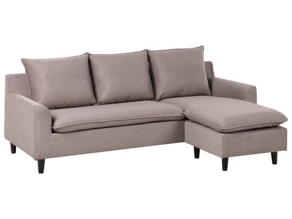 Hjørnesofa Taupe Stoff 3-seter L-form Venstrevendt Ben i mørkt gummitre Sjeselong Ryggputer Klassisk stil Stue