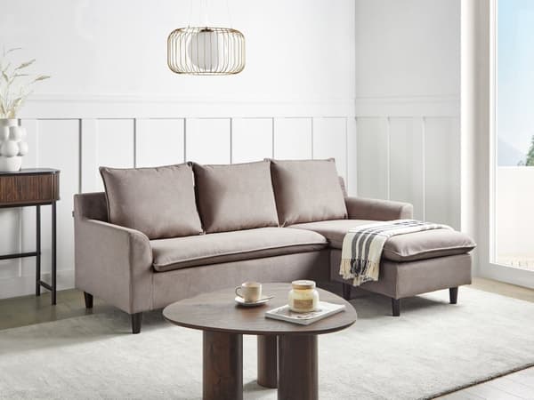 Hjørnesofa Taupe Stoff 3-seter L-form Venstrevendt Ben i mørkt gummitre Sjeselong Ryggputer Klassisk stil Stue