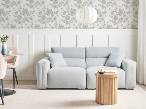 Moderne Lys Blå 3-seters Stoffsofa med Puter Vannbestandig Polstring Plushy Look