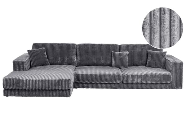 4-seters hjørnesofa Mørkegrå Kordfløyel Høyrevendt L-form Ekstra puter Minimalistisk og moderne stil Stue