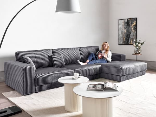 4-seters hjørnesofa Mørkegrå Kordfløyel Venstrevendt L-form Ekstra puter Minimalistisk og moderne stil Stue