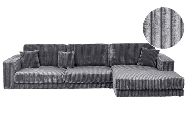 4-seters hjørnesofa Mørkegrå Kordfløyel Venstrevendt L-form Ekstra puter Minimalistisk og moderne stil Stue