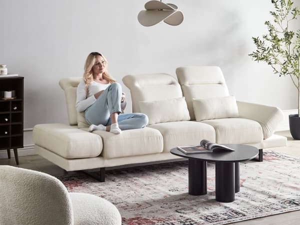 3-seters Sofa Off-White Polyester Polstring Stålben Justerbare Armlener og Ryggstøtte Stue Møbler