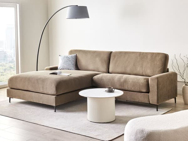 Hjørnesofa med Chaiselong Brun Polyester 3 Personers Sofa L Formet Sofa Dyb Blød Stofsofa Design Højrevendt
