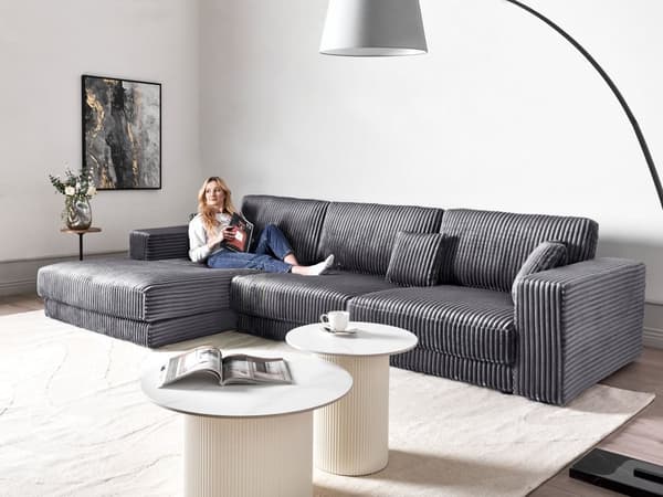Hjørnesofa med Chaiselong Mørkegrå Fløjl 4 Personers Sofa L Formet Dyb Sofahjørne Siddemøbel Blød Stofsofa Venstrevendt Flydersofa