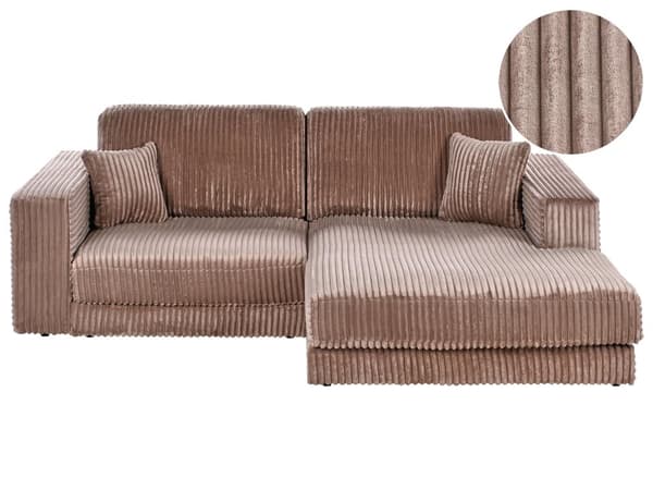 Venstre 3-seters Hjørnesofa i Lysebrun Kordfløyel Polstret Skinnarmlener Ekstra Puter Minimalistisk Moderne Stil
