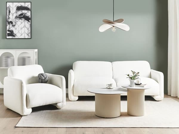 Sittegruppe Hvit Polyesterstoff 3-seters sofa Lenestol Retro stil Stue Sofagruppe