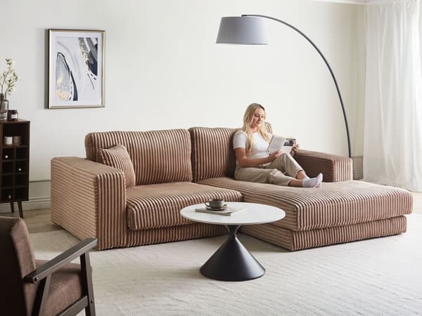 Hjørnesofa med Chaiselong Brun Fløjl 4 Personers Sofa L Formet Dyb Sofahjørne Siddemøbel Blød Stofsofa Højrevendt Flydersofa