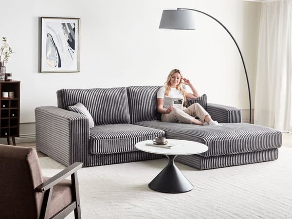 Hjørnesofa med Chaiselong Grå Fløjl 4 Personers Sofa L Formet Dyb Sofahjørne Siddemøbel Blød Stofsofa Højrevendt Flydersofa