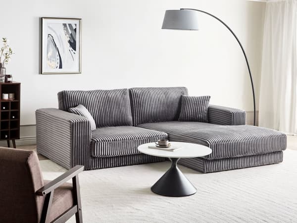 Hjørnesofa med Chaiselong Grå Fløjl 4 Personers Sofa L Formet Dyb Sofahjørne Siddemøbel Blød Stofsofa Højrevendt Flydersofa
