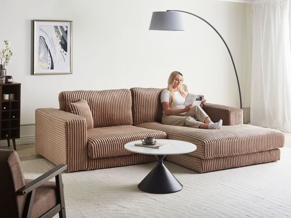 Hjørnesofa med Chaiselong Brun Fløjl 4 Personers Sofa L Formet Dyb Sofahjørne Siddemøbel Blød Stofsofa Højrevendt Flydersofa