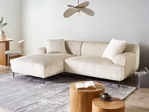 Høyrevendt Hjørnesofa Off-White Kordfløyel 3-seter Mid-Century Moderne Stil