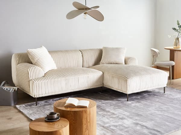 Hjørnesofa med Chaiselong Off White Fløjl 3 Personers Sofa L Formet Dyb Sofahjørne Siddemøbel Blød Stofsofa Venstrevendt
