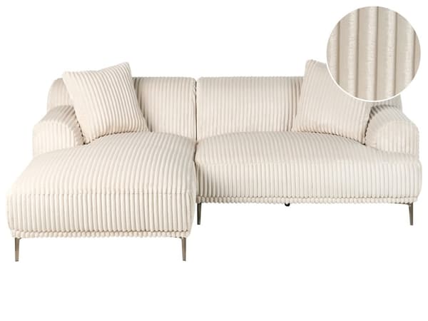 Hjørnesofa med Chaiselong Off White Fløjl 3 Personers Sofa L Formet Dyb Sofahjørne Siddemøbel Blød Stofsofa Højrevendt