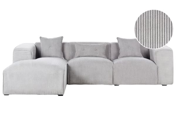 Høyre Hjørnesofa Lysegrå 3-seter Kordfløyel Polstring Ekstra Spredte Puter Moderne Stil