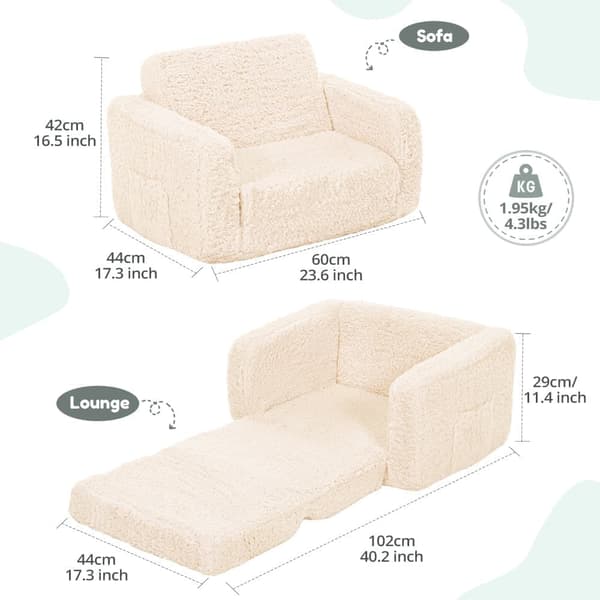 Lasten sohva, kokoontaitettava 2-in-1 lasten sohva, taaperotuoli, avonainen vauvan sohva pojille ja tytöille, beige 112 x 44 x 29 cm