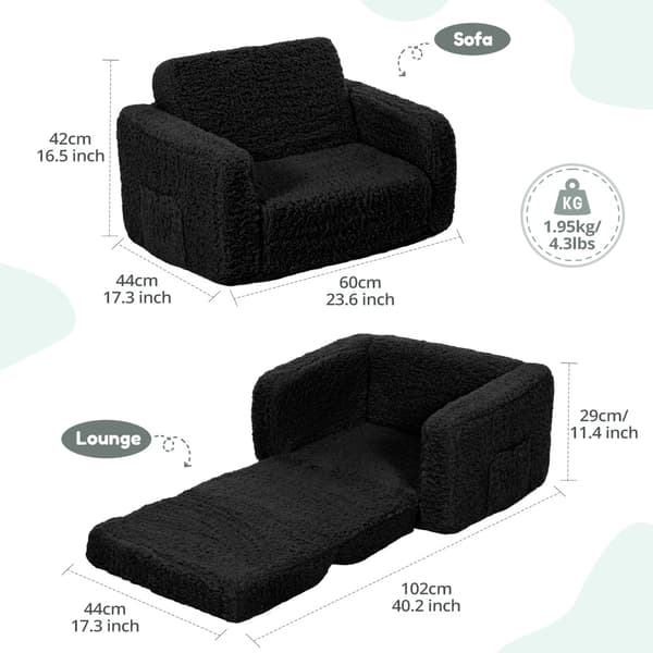 Lasten sohva, kokoontaitettava 2-in-1 lasten sohva, taaperotuoli, avonainen vauvan sohva pojille ja tytöille, musta 112 x 44 x 29 cm