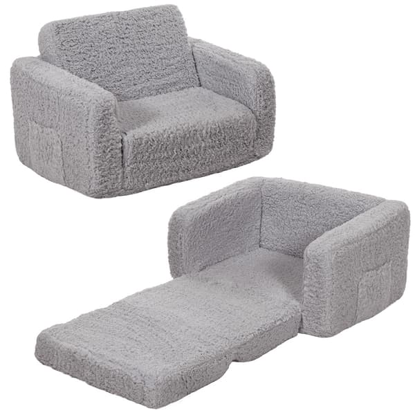 Barnsoffa, hopfällbar 2-i-1 barnsoffa, barnstol, bäddsoffa för pojkar och flickor, grå 112 x 44 x 29 cm