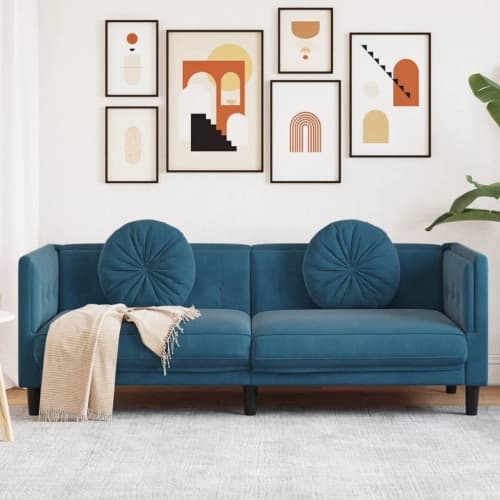 Soffa med kuddar 3-sits blå sammet