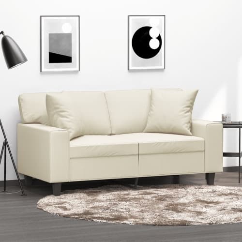 2-sits soffa med prydnadskuddar gräddvit 120 cm konstläder