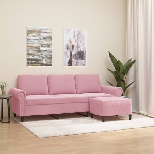 3-sitssoffa med fotpall rosa 180 cm sammet