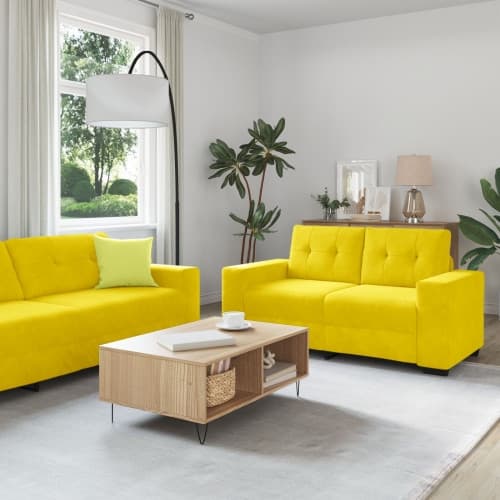 3-delars soffa set med kuddar gul sammet