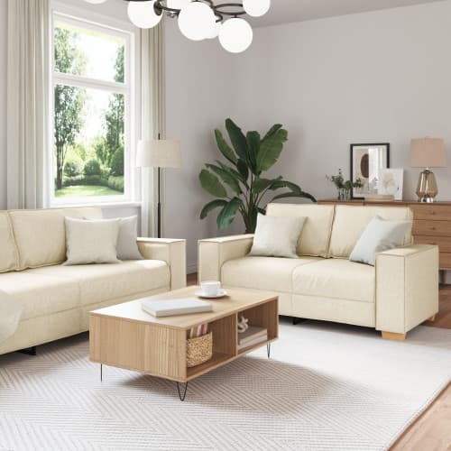 3-delars soffa set med linnekuddar