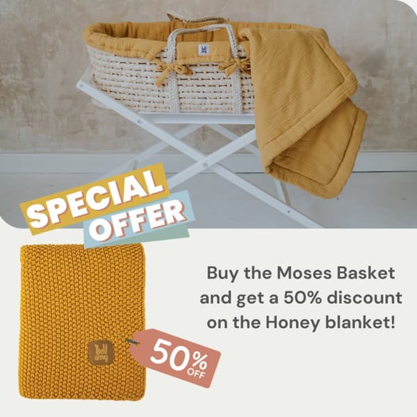 Med stativ og madras "Moses basket" - Babykurv i naturmateriale med musselinstof, perfekt til nyfødte Honey