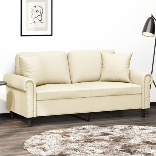 2-sits soffa med prydnadskuddar gräddvit 140 cm konstläder
