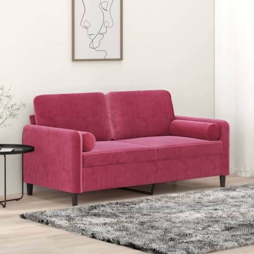 2-sitssoffa med prydnadskuddar vinröd 140 cm sammet