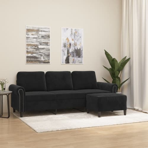 3-sitssoffa med fotpall svart 180 cm sammet