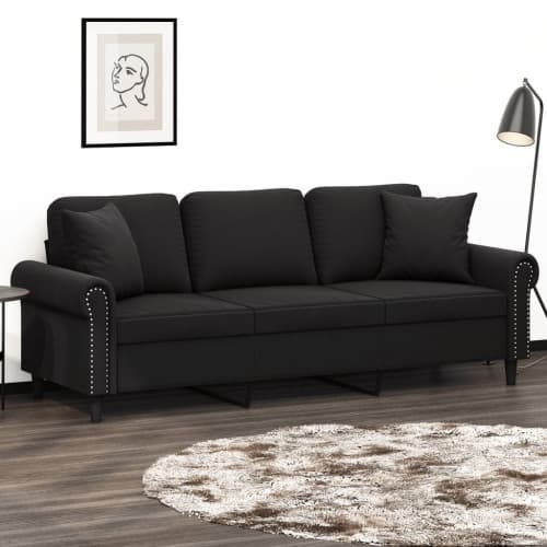3-sitssoffa med prydnadskuddar svart 180 cm sammet