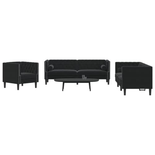 Soffgrupp chesterfield 3 delar bolsterkuddar svart sammet