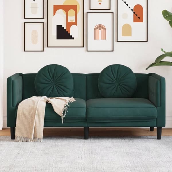 Soffa med kuddar 2-sits mörkgrön sammet