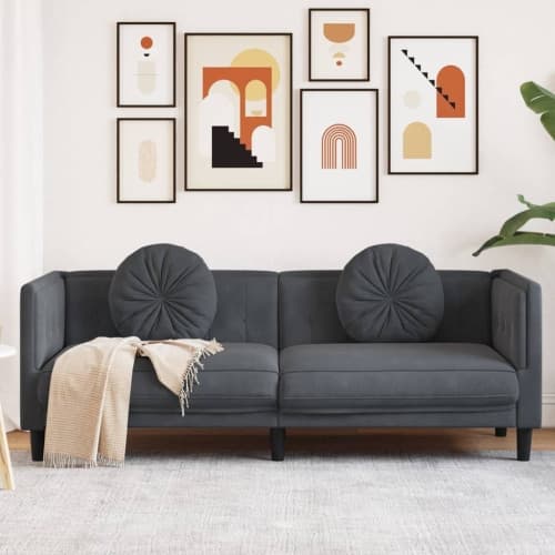 Soffa med kuddar 3-sits mörkgrå sammet
