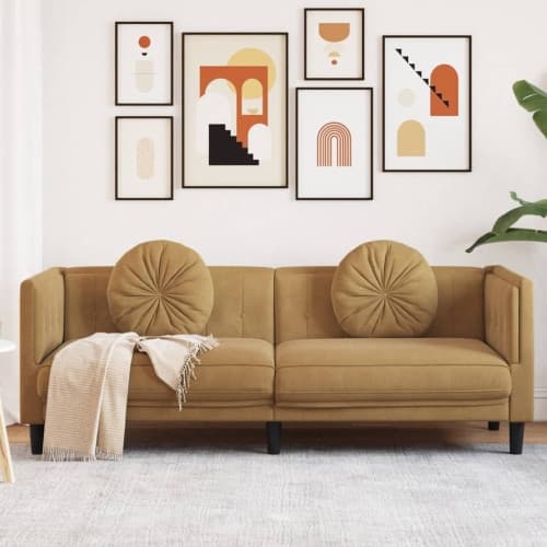 Soffa med kuddar 3-sits brun konstmocka