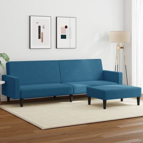 Bäddsoffa 2-sits med fotpall blå sammet