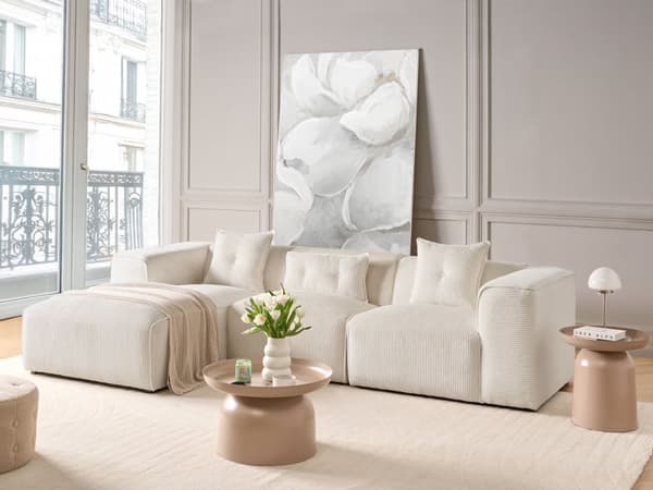 Hjørnesofa Off-White Fløjl 3 Personers Venstrevendt med Puder Moderne Stue