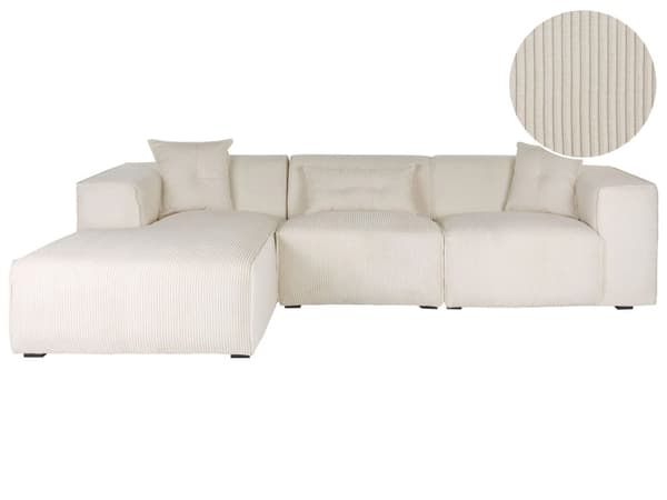 Høyre Hjørnesofa Off-White 3-seter Kordfløyel Polstring Ekstra Spredte Puter Moderne Stil