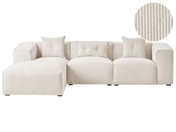 Høyre Hjørnesofa Off-White 3-seter Kordfløyel Polstring Ekstra Spredte Puter Moderne Stil