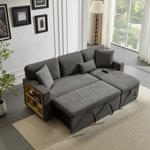 Soffa 215x133x85 cm - med USB-anslutning - med förvaringsutrymme - med sängfunktion - grå